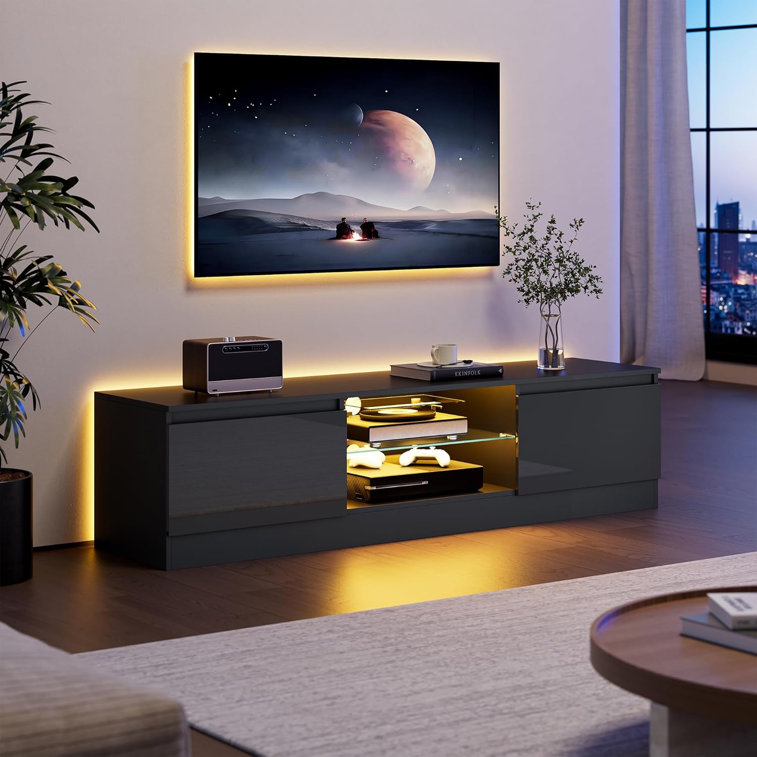 TV Schrank mit 16 Farben LED Beleuchtung und 2 Türen, 160 cm Lang, TV Board, Lowboard Stehend für Fernseher bis zu 70 Zoll, Fernsehtisch für Schlafzimmer, Wohnzimmer, Esszimmer, Schwarz (Schwarz)