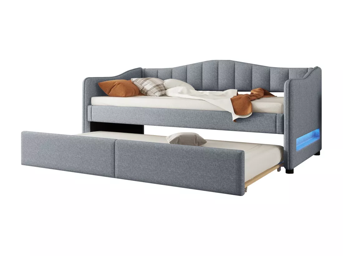 Lit banquette 90x200cm avec LED + lit gigogne 90x190cm - rembourré en tissu lin - Gris (matelas non inclus)