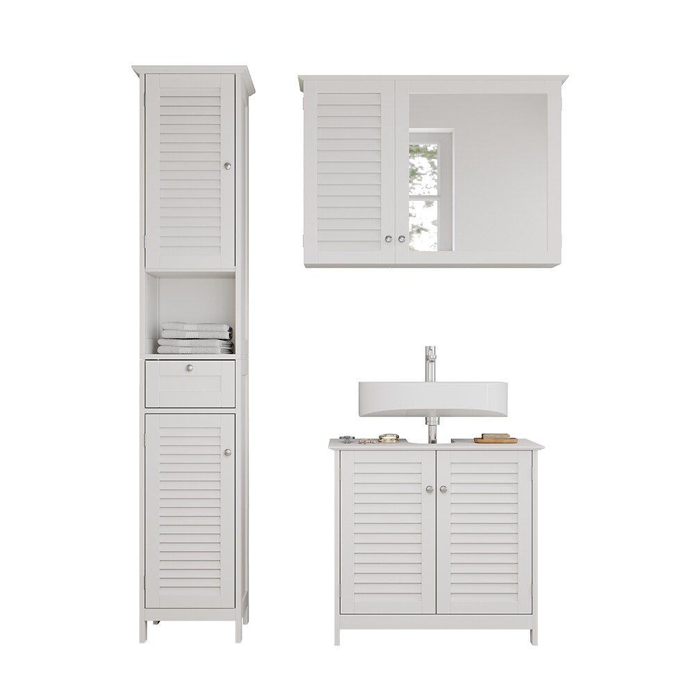 Vicco Badmöbel-Set Riad, Weiß, Badezimmer, moderne Badserie, Lamellen-Front, Waschtischunterschrank, Spiegelschrank, Hochschrank