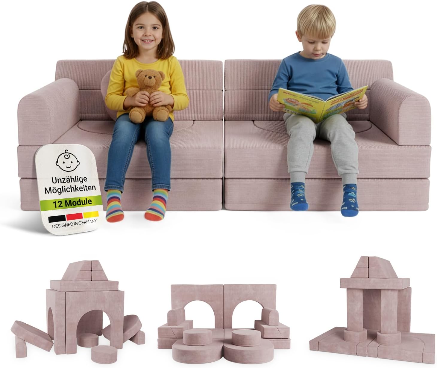 Juskys® Kindersofa Kayo – Cord, modular & weich, Sofa für Kinderzimmer & Spielzimmer, sicher, flexibel, pflegeleicht, mit abnehmbaren Bezügen – Rosa