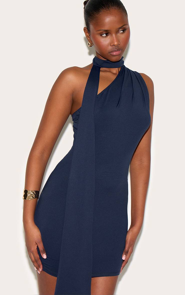 Bleu Marine Robe Mini Asymétrique Drapée Une Épaule En Tissu Doux Au Toucher