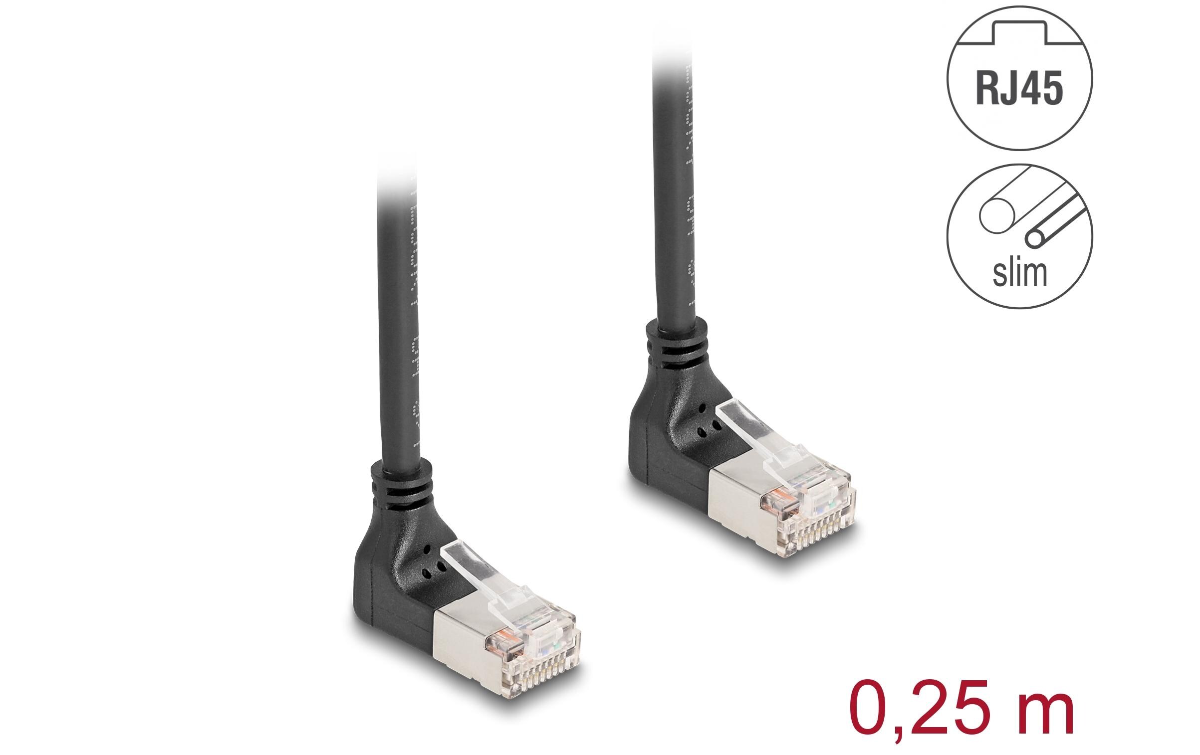 Patchkabel 90° oben gewinkelt Cat 6A, S/FTP, 0.25 m, SchwarzDelock RJ45 Netzwerkkabel Cat.6A S/FTP Slim 90° oben / oben gewinkelt 0.25 m schwarz