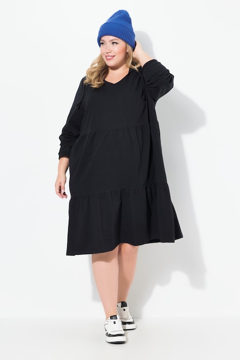 Sweatkleid, Kapuze, A-Linie, V-Ausschnitt, Langarm