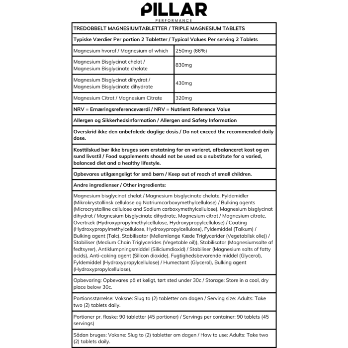 PillarPerformance Unisex Vitaminer og mineraler Triple Magnesium Professional Recovery Tablet 90ct Bottle Hvid