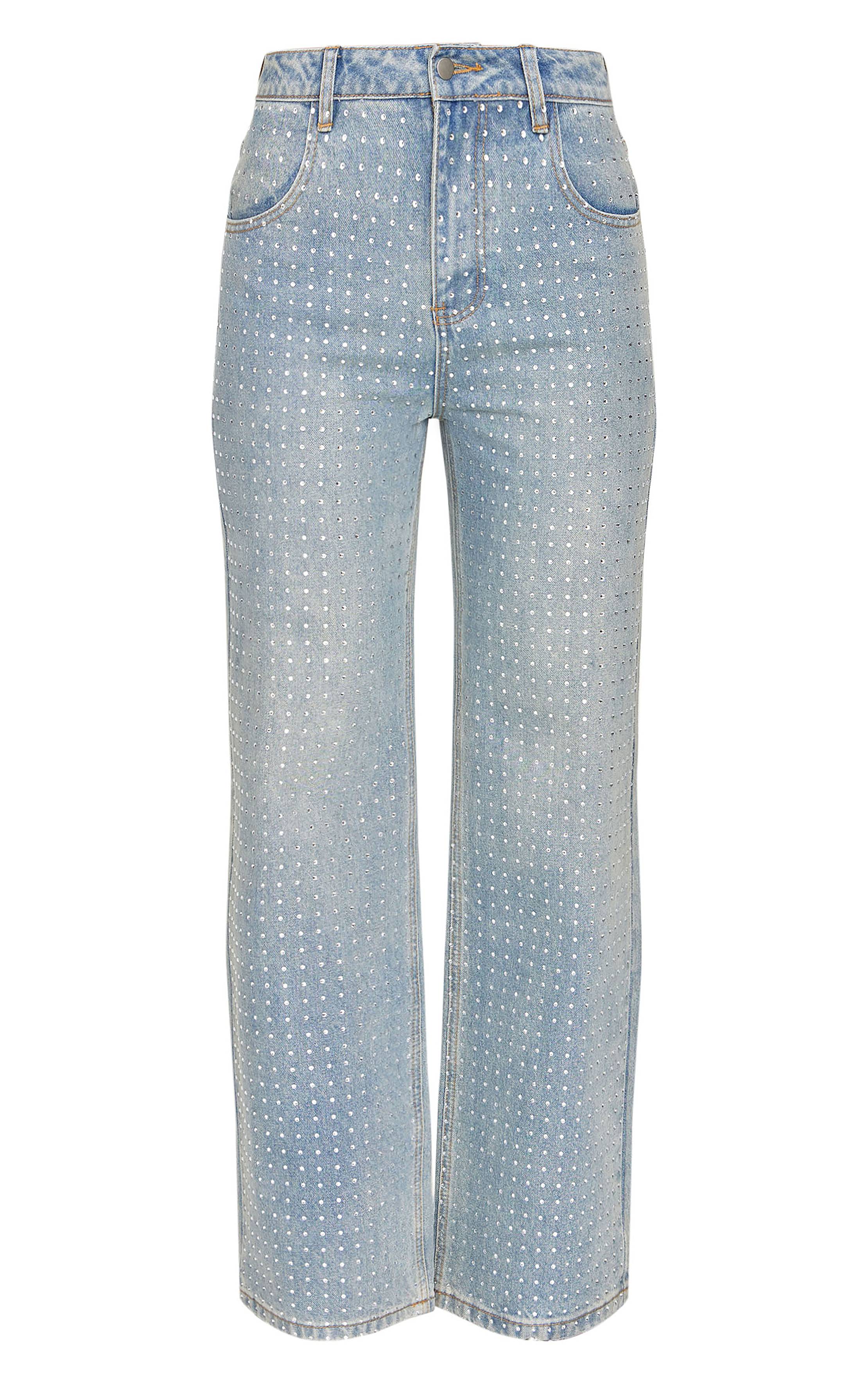 Vintage Light Wash Jean Droit Gris À Strass Sur Le Devant