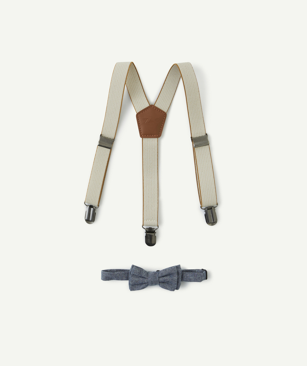 SET BRETELLES ET NOEUD BÉBÉ GARÇON BEIGE MARRON ET EFFET DENIM