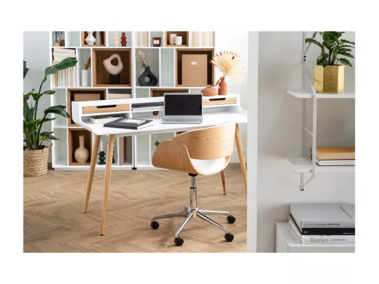 Chaise de bureau à roulettes design en tissu gris, bois clair et acier chromé BENT