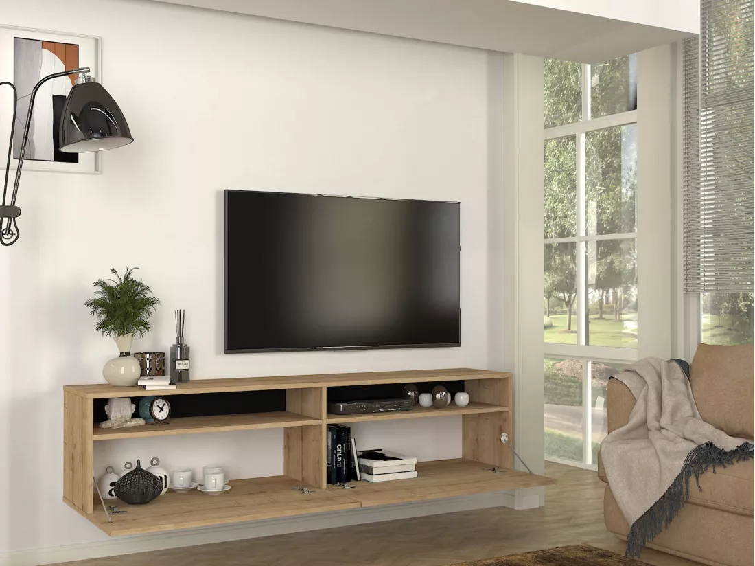 Meuble TV suspendu avec 2 portes et 2 niches - Naturel - KIRIYA
