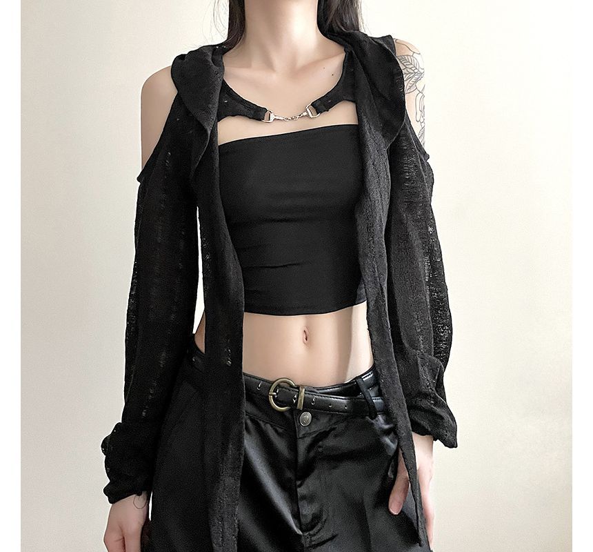 Sugarcoat - Lange mouwen, blote schouders, effen crop top met capuchon