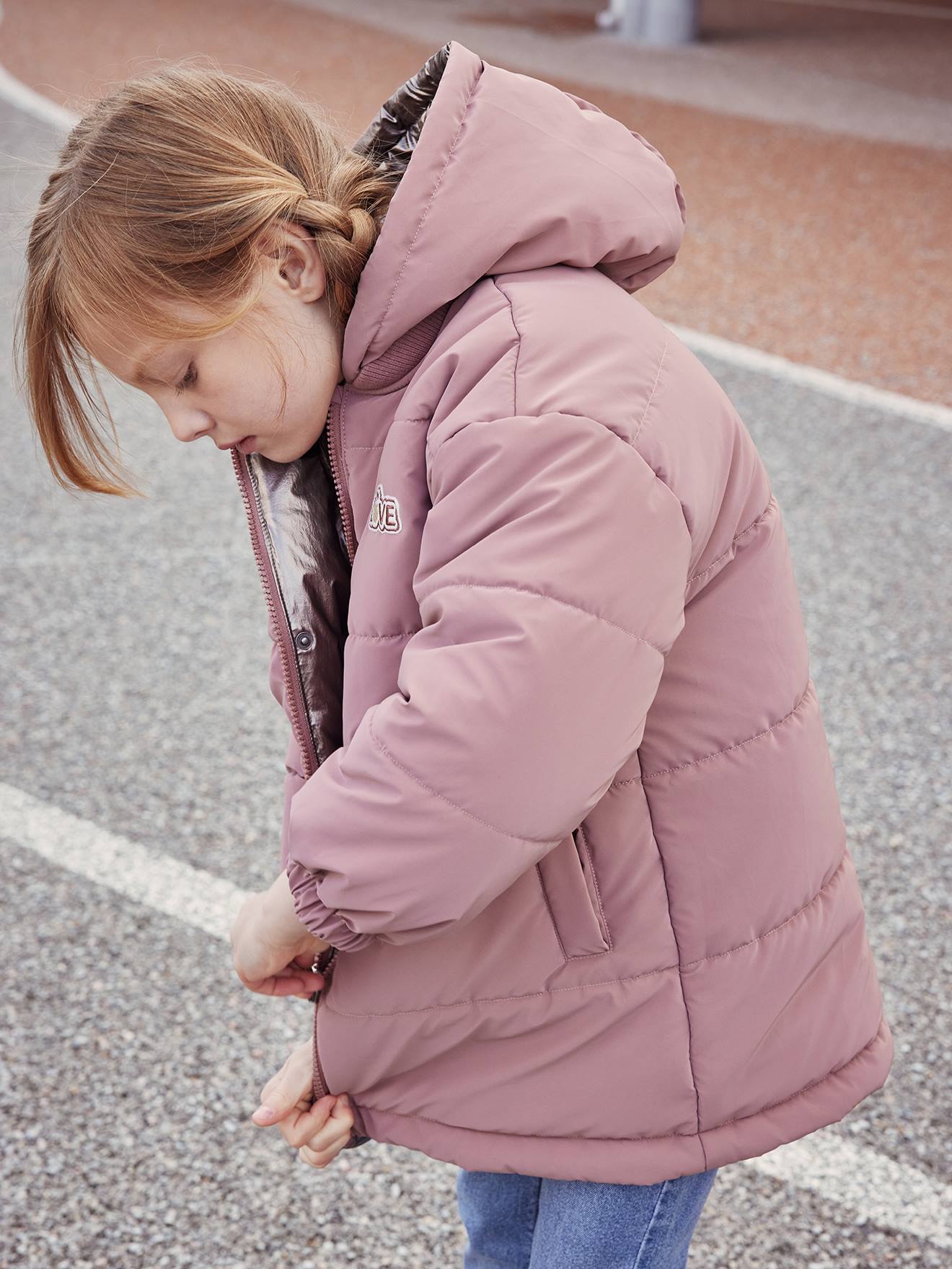 Parka reversível com efeito metálico, com capuz ou jaqueta acolchoada para meninas, prateada.