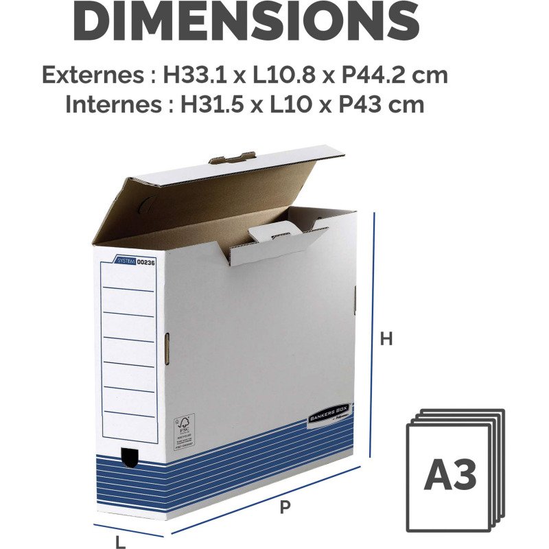 Boîte archives carton Bankers Box by Fellowes - dos 10 cm - bleue  - format A3