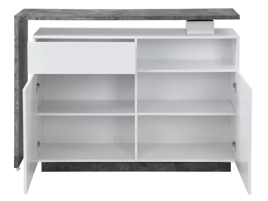 Meuble de bar pivotant avec 2 portes, 1 tiroir et 1 niche en MDF - Blanc laqué et Béton - ELDIR