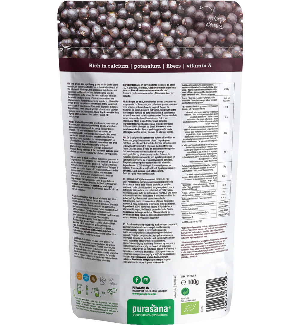 Purasana Acai Bessen Poeder/Poudre Baies D’Acai Vegan Bio (100 gr)