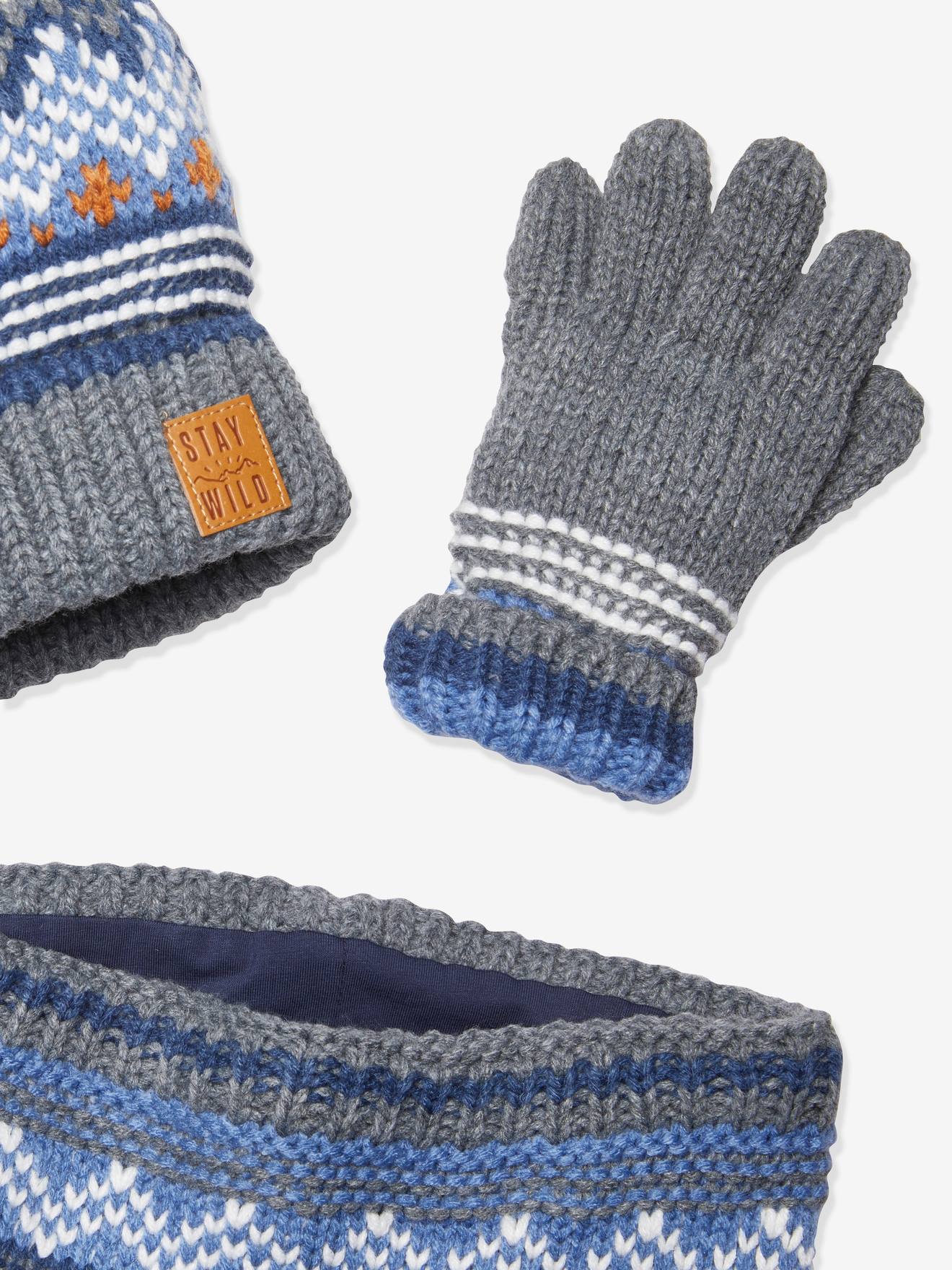 Conjunto Oeko Tex® com gorro, cachecol e luvas para meninos, tamanho médio, azul mesclado