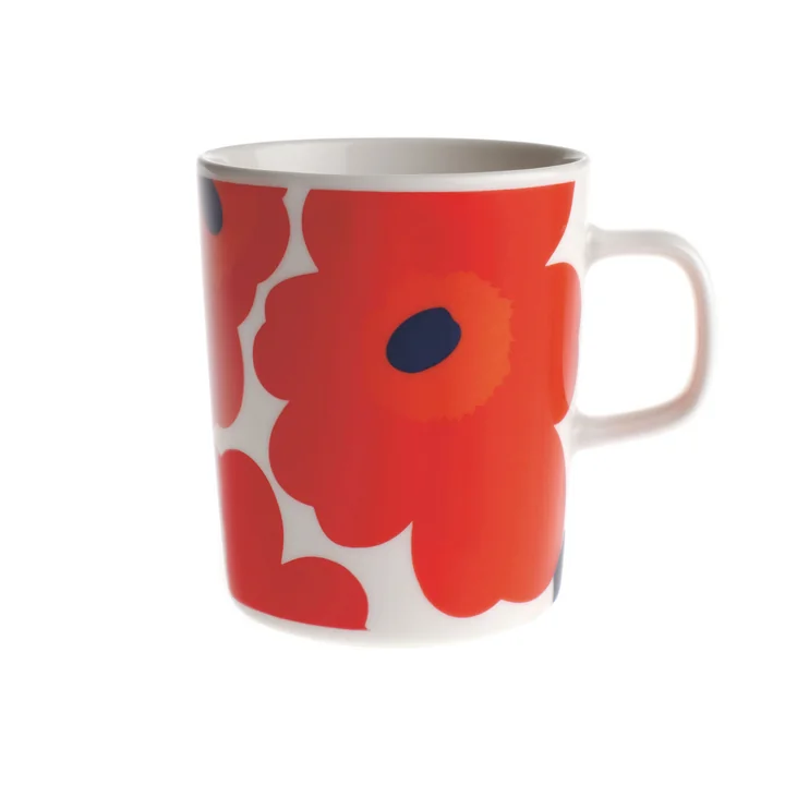 Marimekko - Oiva Unikko Becher mit Henkel, 250 ml, weiss / rot