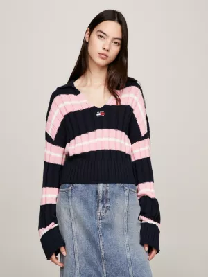 Suéter cropped listrado com decote em V
