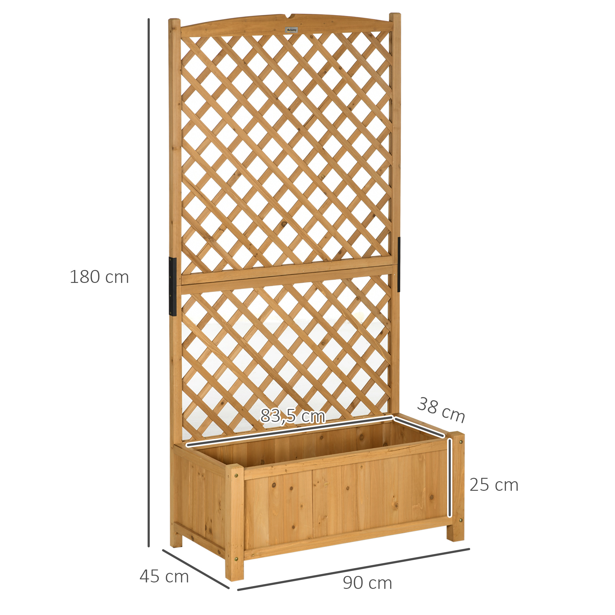 Canteiro de jardim Outsunny com treliça, floreira com suporte para plantas trepadeiras, cultivos e flores para pátio externo, terraço e varanda, 90x45x180 cm, cor natural.