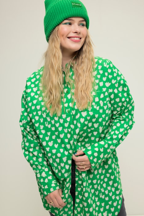Hemdbluse, oversized, Heart-Print, Knopfleiste, Hemdkragen