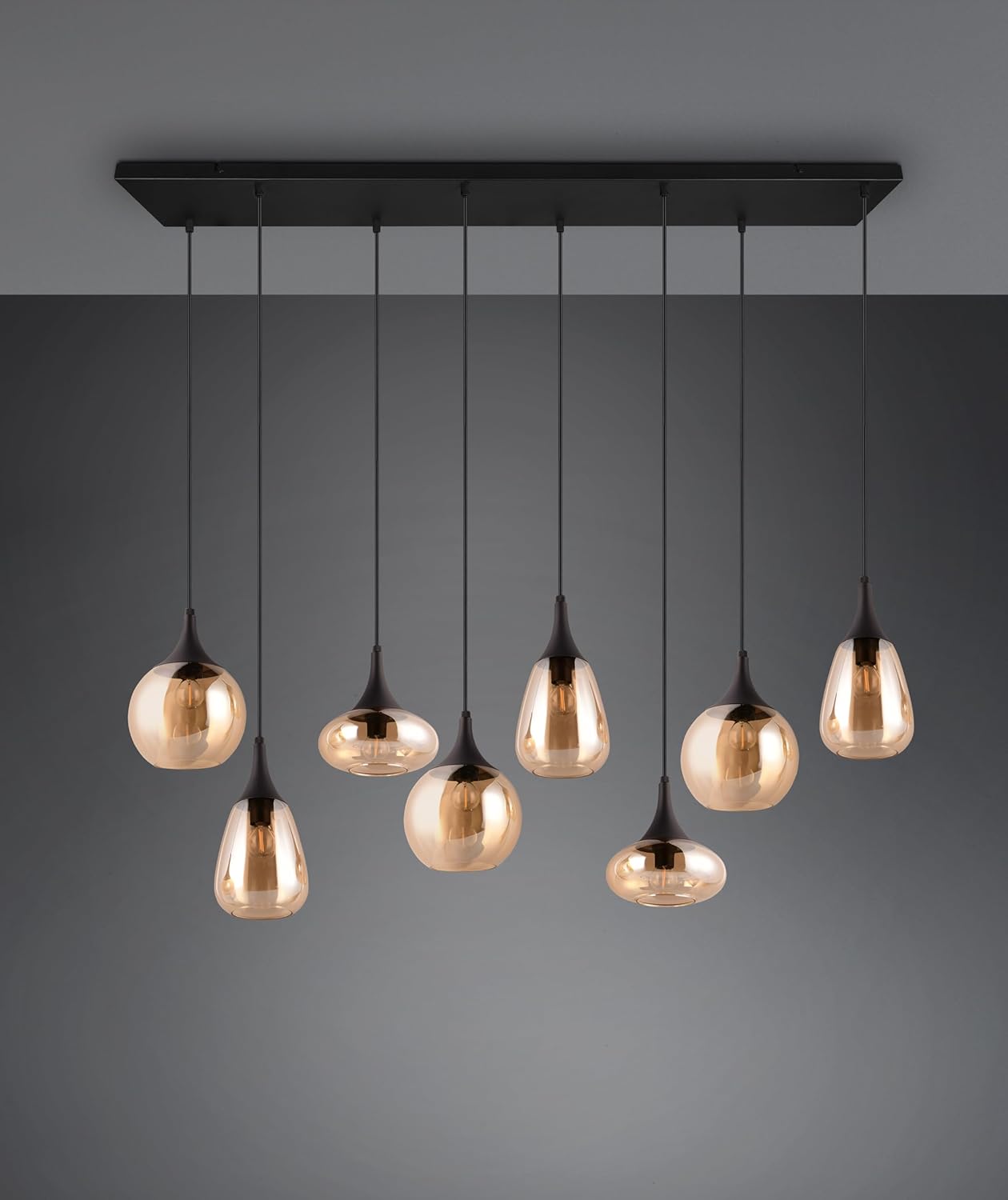 Trio Leuchten Pendelleuchte Lumina 317000813, Metall Schwarz matt, Glas amber, exkl. 8x E14