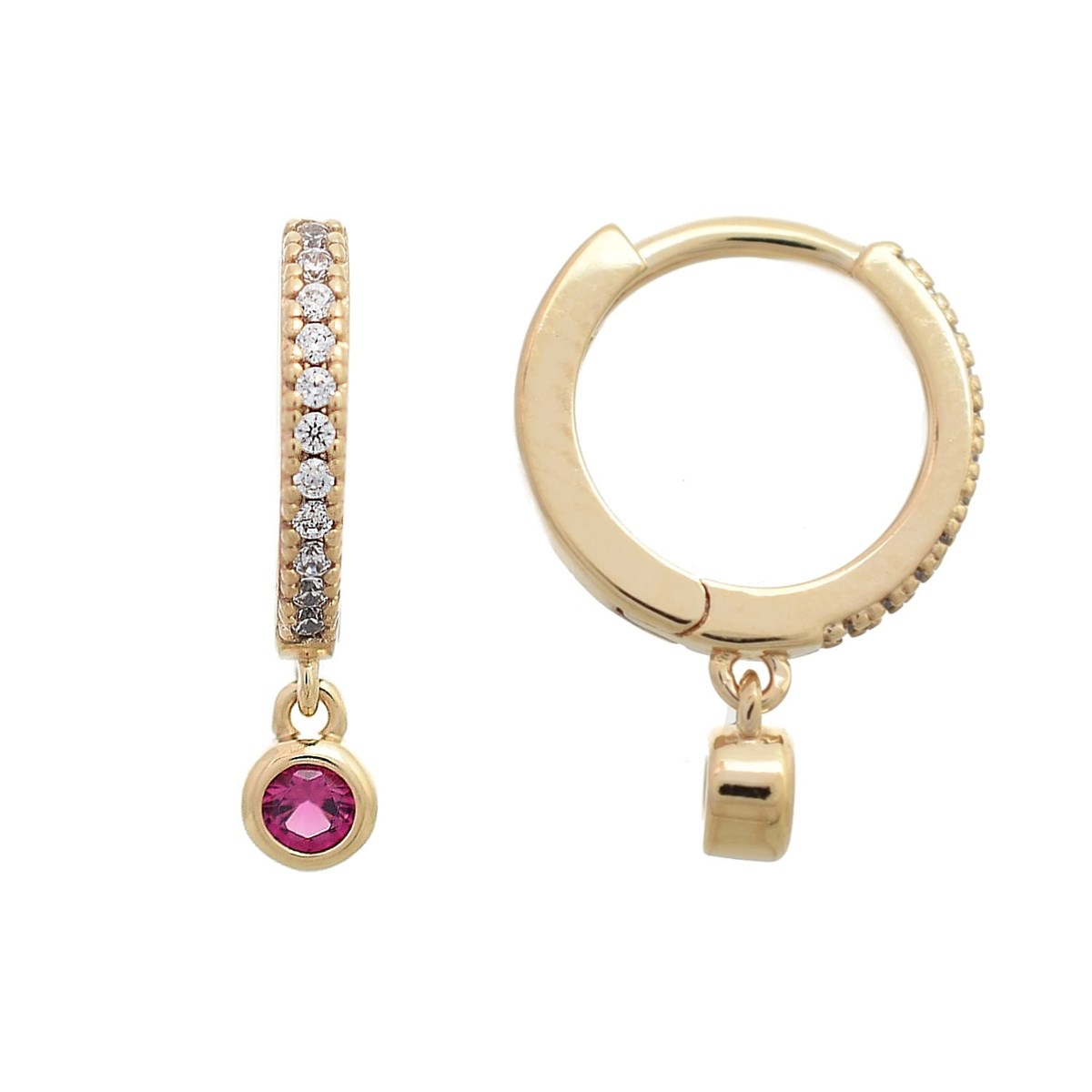 Boucles d'oreilles mini créole sertie d'oxyde de zirconium rose Plaqué or 750 3 microns