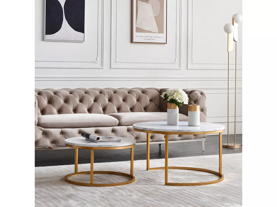 Lot de 2 Tables Basses gigognes - Marbre Blanc avec Structure en métal Dore - Table d'appoint Ronde - Table de salon Moderne, Tables de salon pour salon, Chambre à Coucher, Balcon