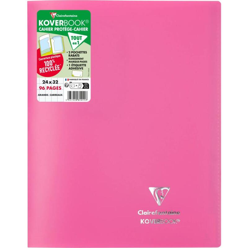 Cahier piqué Koverbook 24x32 cm 96 pages grands carreaux couverture polypropylène opaque 100% recyclé - Assortis