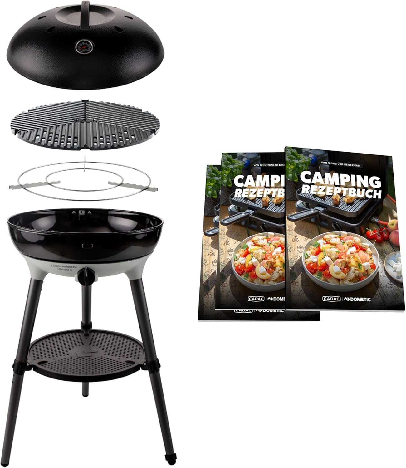 CADAC - Carri Chef 50 BBQ 50mBar + Camping-Kochbuch - Tragbarer Grill mit automatischer Zündung und Rezeptbuch - inkl. Tragetasche - Camping und Grillzubehör - BBQ-Must-Haves