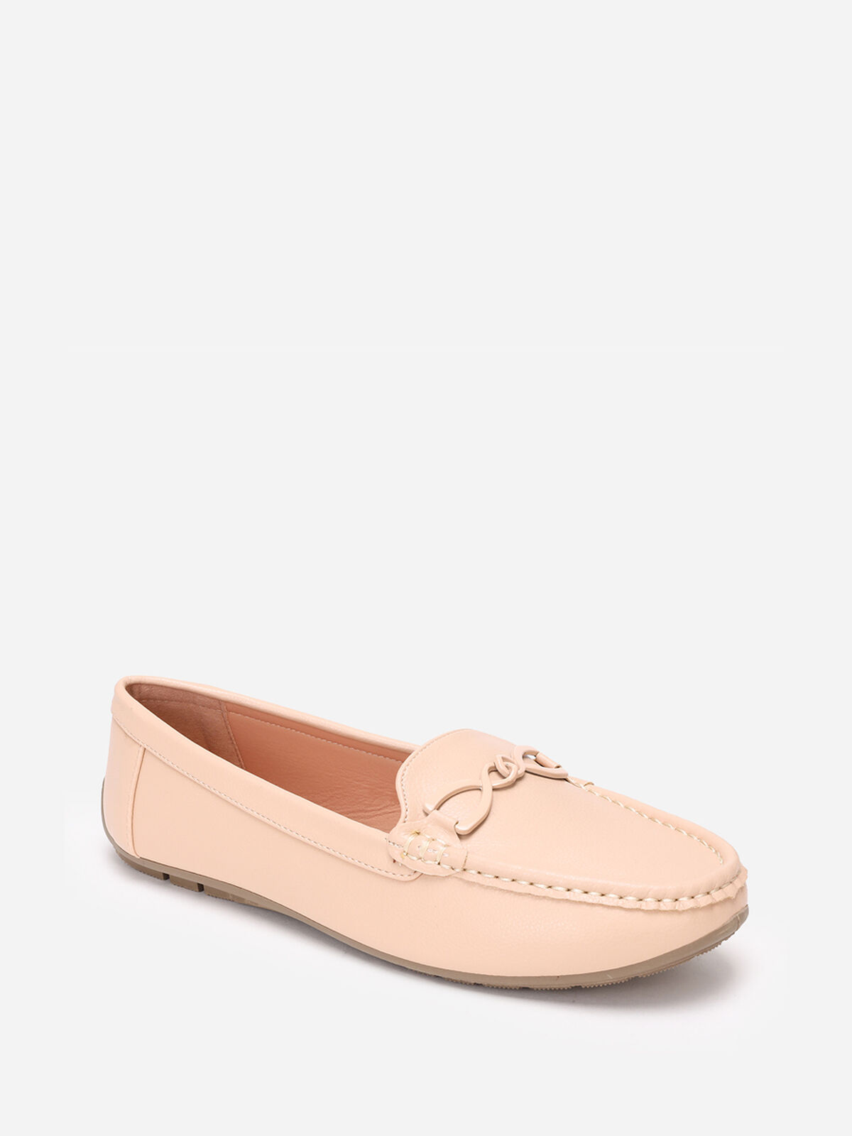 Mocassins à bride métallique et surpiqûres- Beige