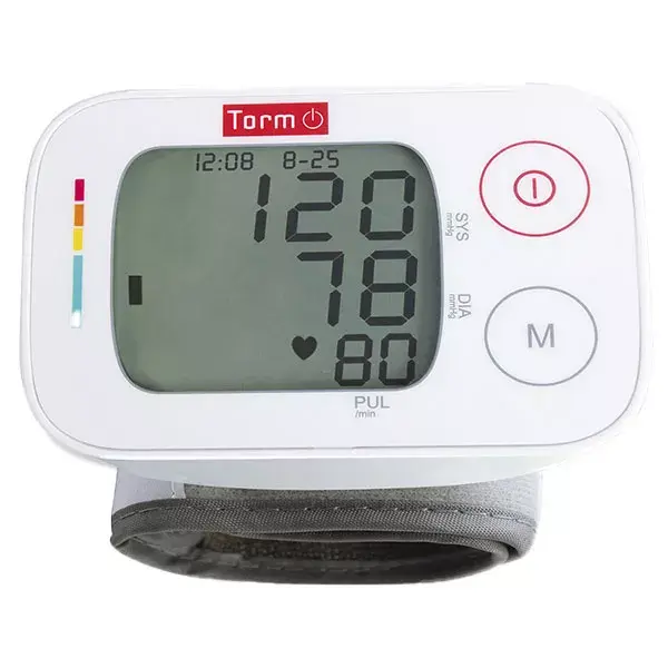Monitor de pressão arterial de pulso Torm, com braçadeira ajustável.
