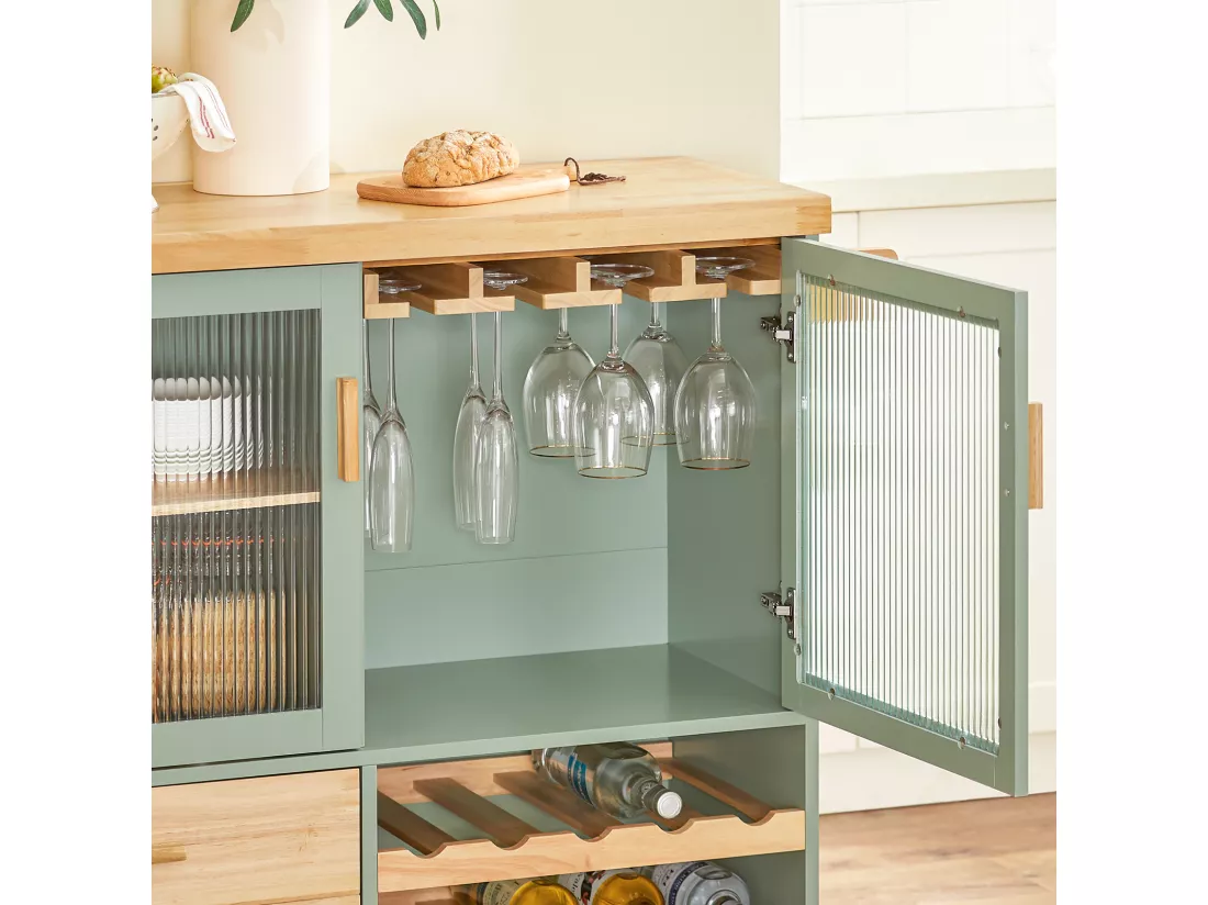 SoBuy Desserte de Cuisine sur Roulettes, Îlot Central de Cuisine, Chariot de Cuisine, Buffet avec Plateau en Bois d'Hévéa, 2 Portes, 2 Tiroirs et Porte-Bouteilles à 2 Niveaux, Beige, 109 x 38 x 92 cm, FKW114-GR