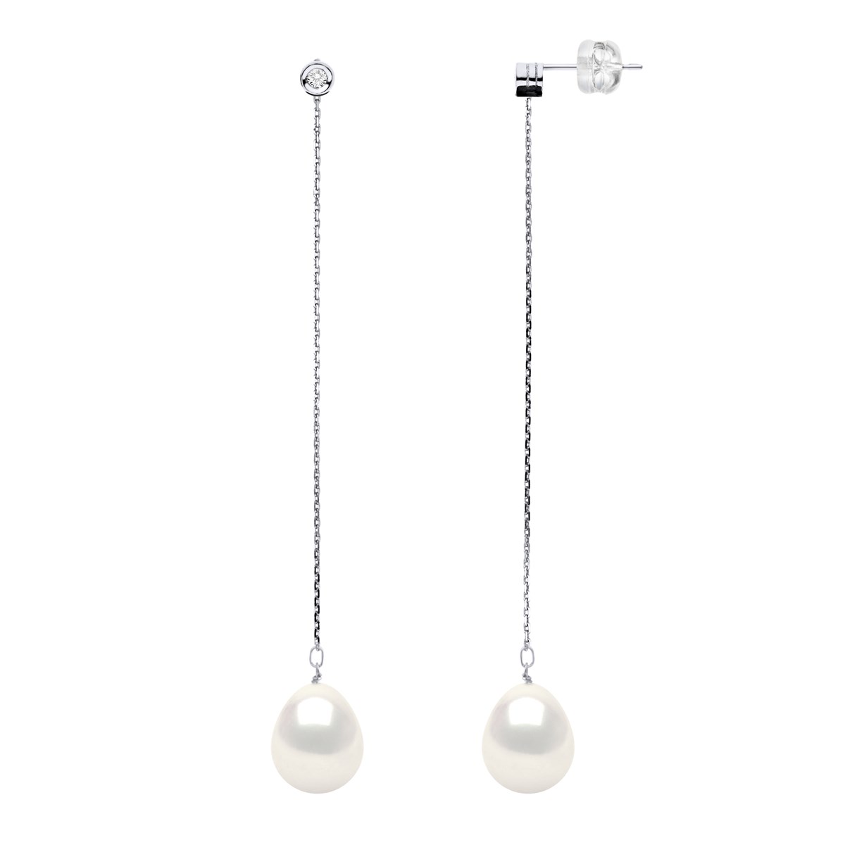 STELLA - Boucles d'Oreilles Perles 9-10 mm & Diamant Or Blanc