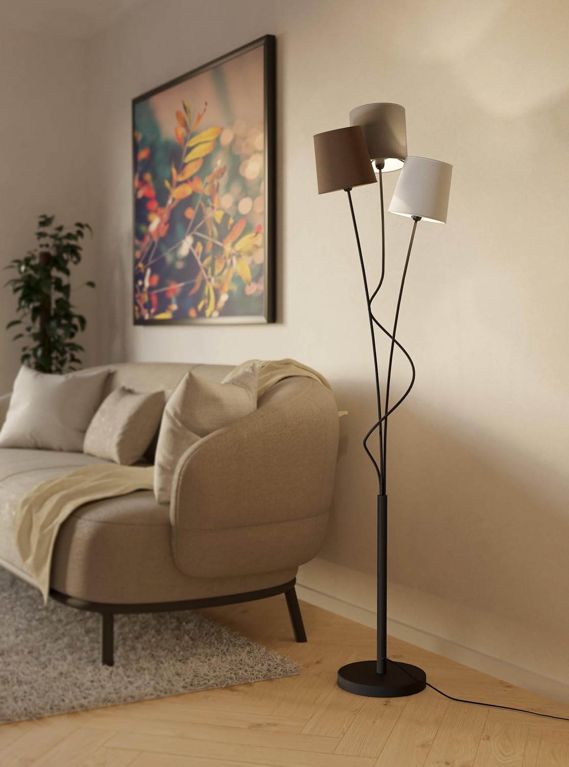 EGLO Stehlampe Maronda, 3 flammige Stehleuchte, Standleuchte aus Stahl und Stoff, Farbe: Schwarz, anthrazit, weiß, braun, Fassung: E14, inkl. Trittschalter