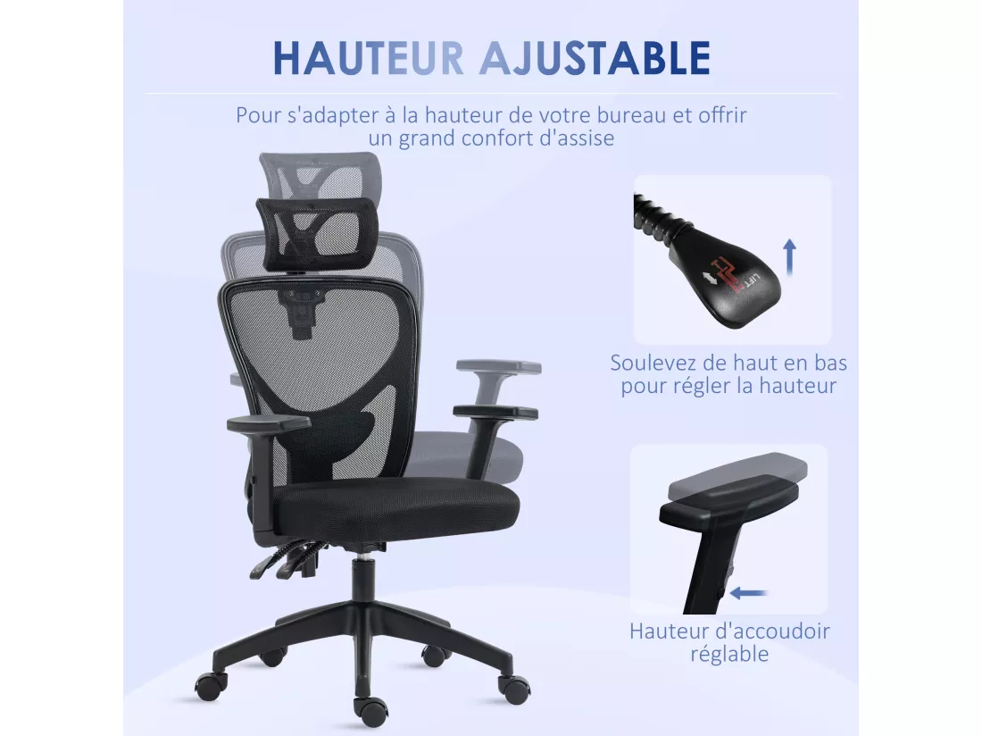 Fauteuil de bureau manager grand confort réglable dossier ergonomique inclinable pivotant tissu maille noir
