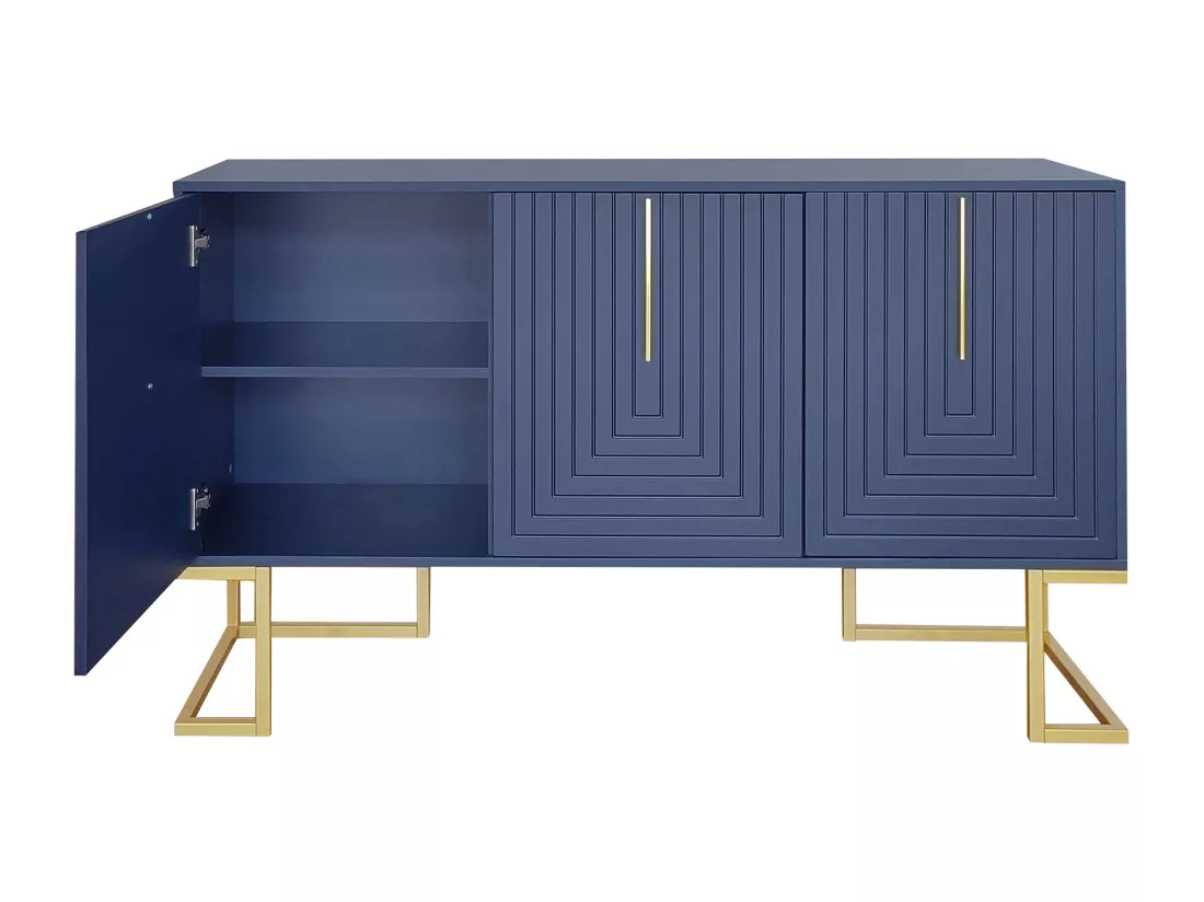 Commode buffet haut avec 3 portes bleu marine motif de forme U H81/B138/T40 CRUUGREN BLUE