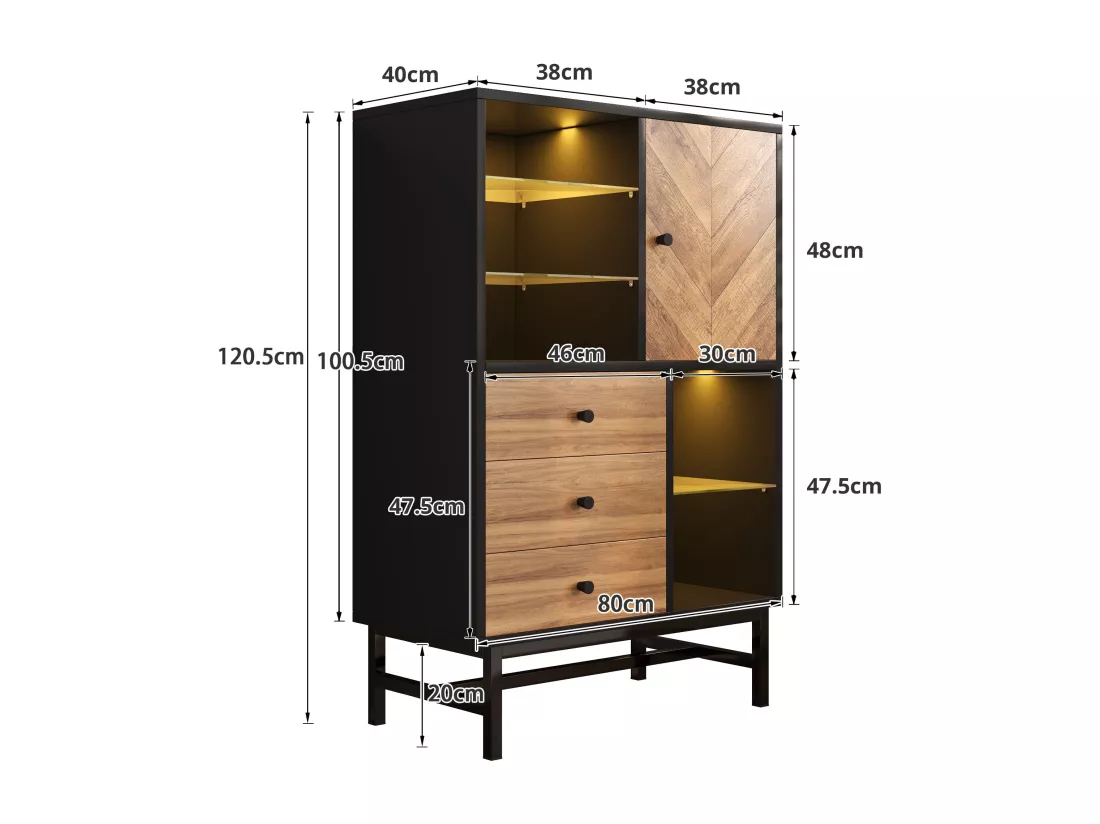 Buffet haut avec LED - 1 porte + 3 tiroirs + 5 compartiments - Naturel + Noir