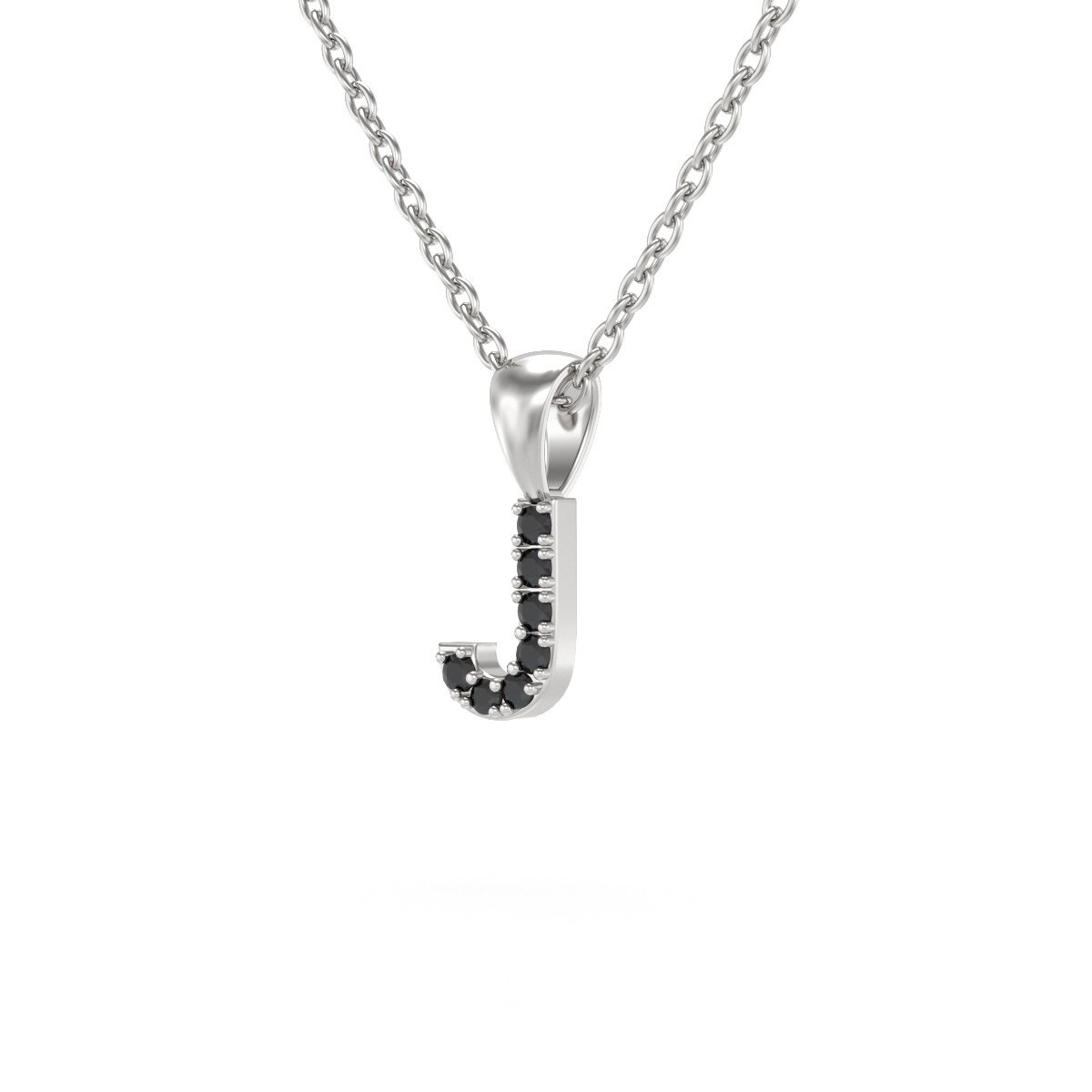 Collier Pendentif ADEN Lettre J Or 750 Blanc Diamant Noir Chaine Or 750 incluse 0.72grs