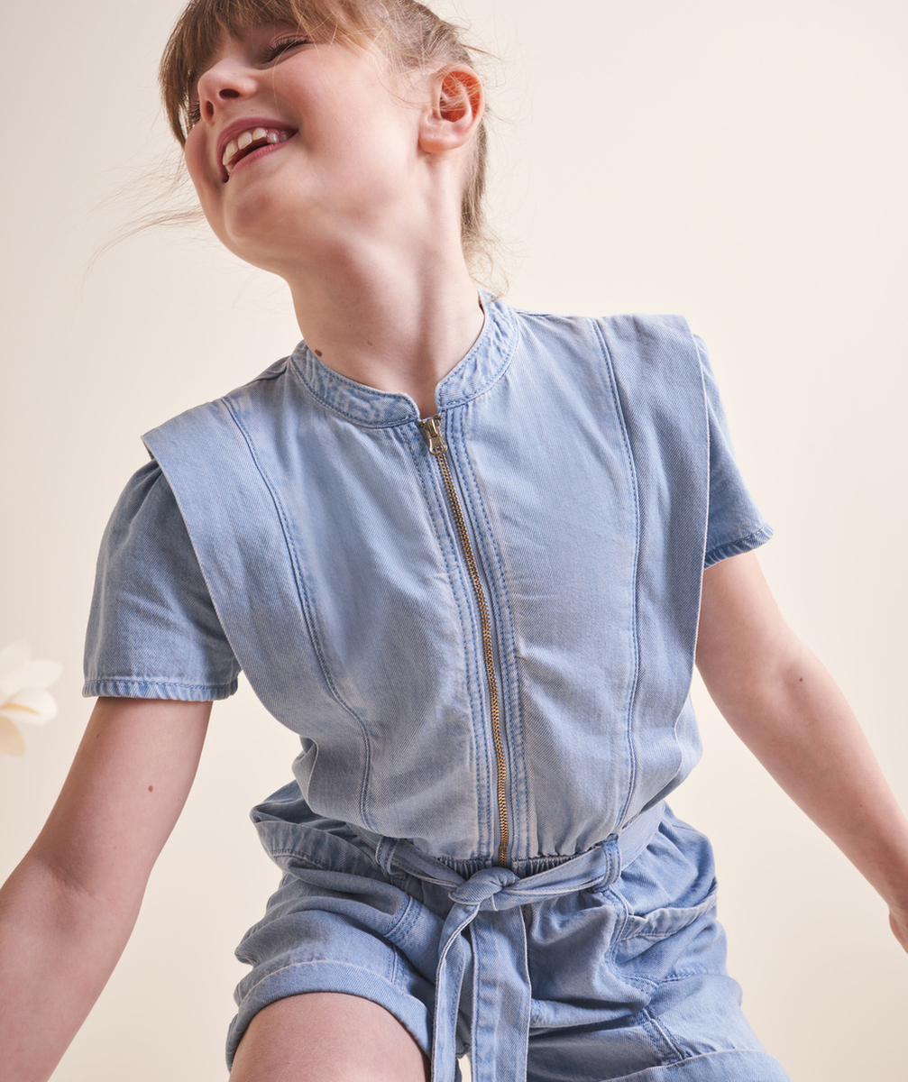 combishort fille en denim bleu léger low impact