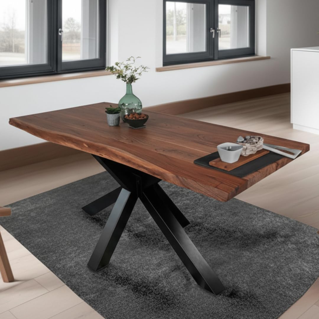SAM Esstisch 140 x 80 cm Tim, Baumkantentisch nussbaumfarben, Akazienholz massiv, Spider-Gestell aus Metall Schwarz