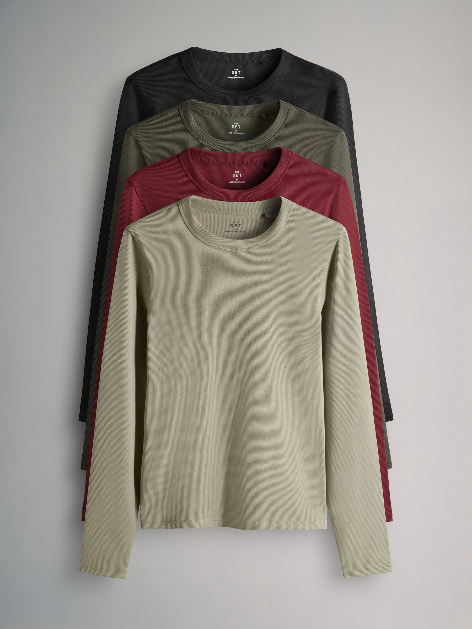 Zwart/Bessenkleur/Kaki/Naturel - The Set van 4 geribde T-shirts met lange mouwen