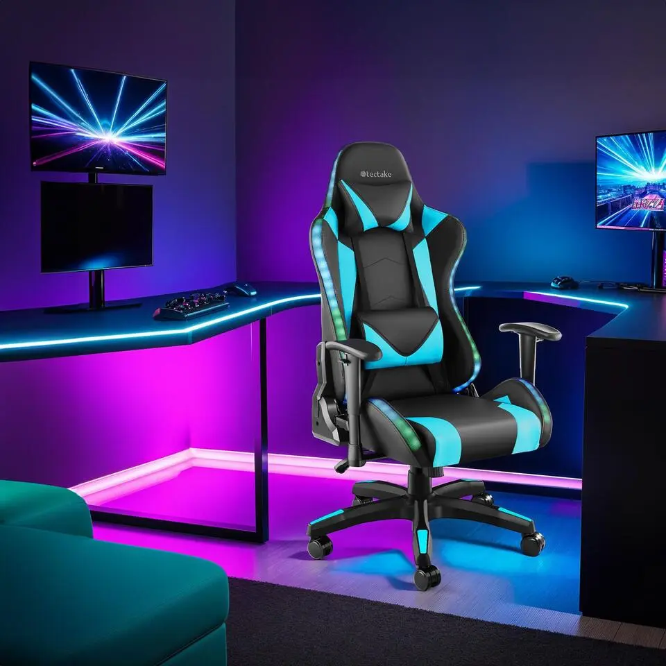 tectake Gaming stoel Tartaros, LED, massagefunctie, Zwart/azuur