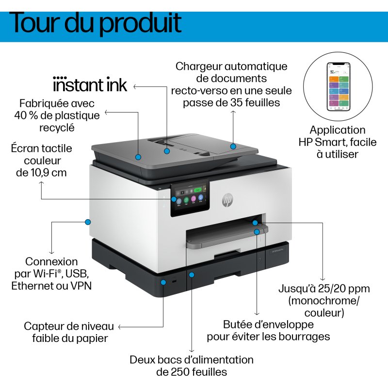 HP OfficeJet Pro Par 9132e Sans fil All-in-One Couleur Imprimante, Instant Ink; Impression recto-verso