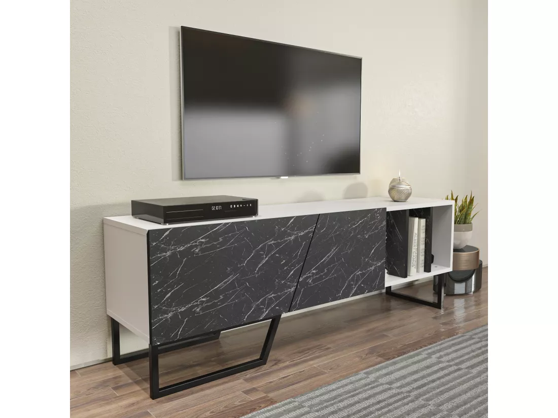 Meuble TV Linossa, niches et armoires, pied en métal (Blanc et Effet marbre noir)