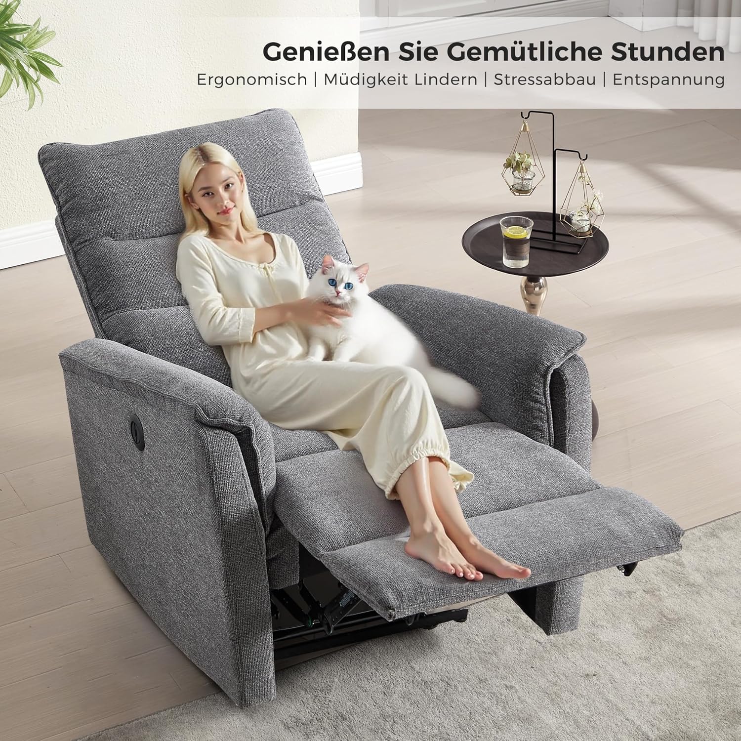 EBELLO Elektrischer Relaxsessel Fernsehsessel mit Liegefunktion Liegesessel Wohnzimmer TV Sessel, bis 150 kg Belastbar, Einzelliegesessel für Wohnzimmer, Dunkelgrau