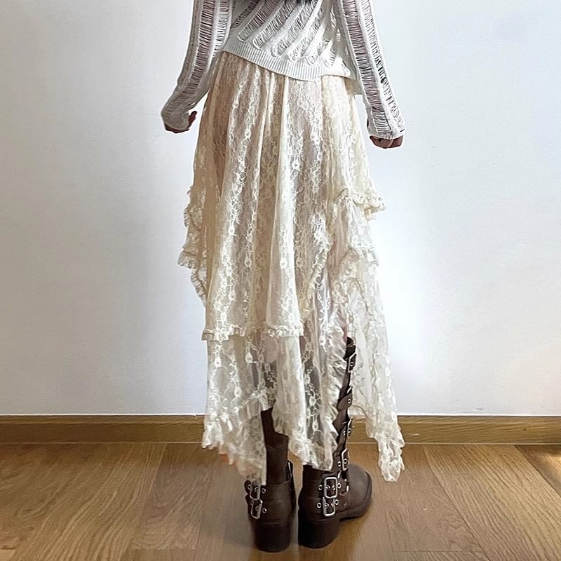 WIKPROM - Hoge taille asymmetrische geplooide midi A-lijn kanten rok
