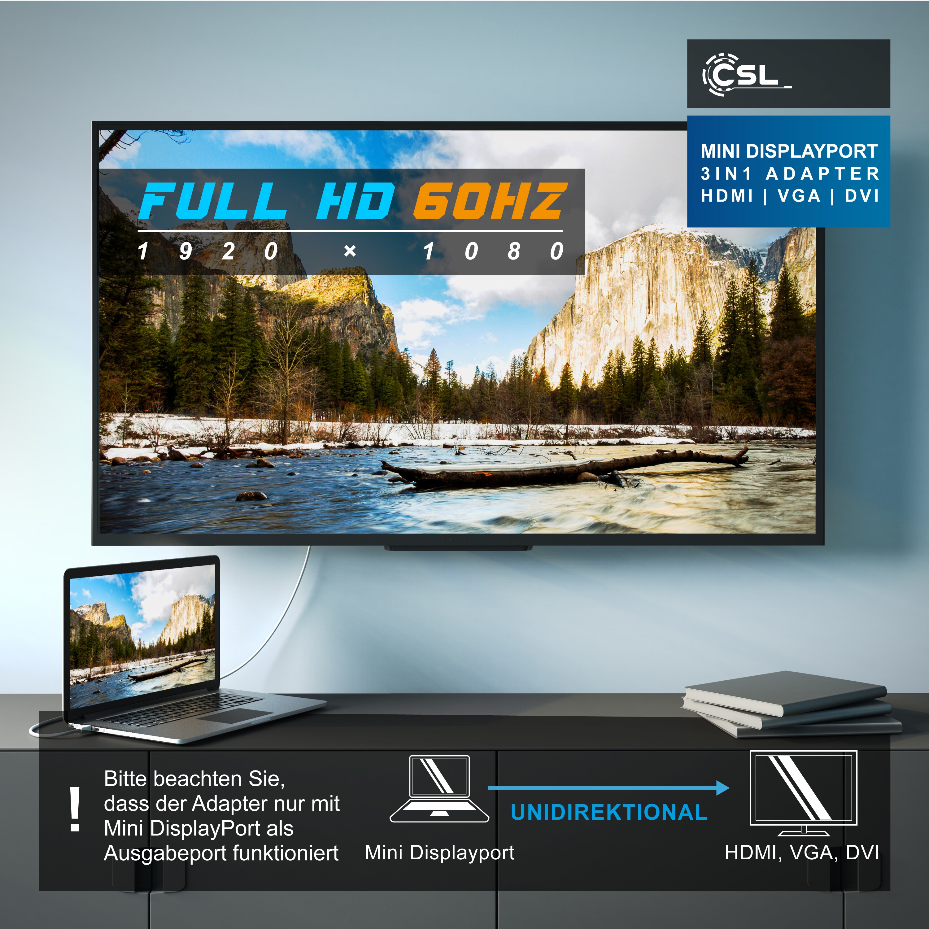 CSL 3in1 Mini DisplayPort zu HDMI, DVI, VGA Adapter Konverter, miniDP 1.2 4k 3840x2160 UHD 2160p, 0,15m