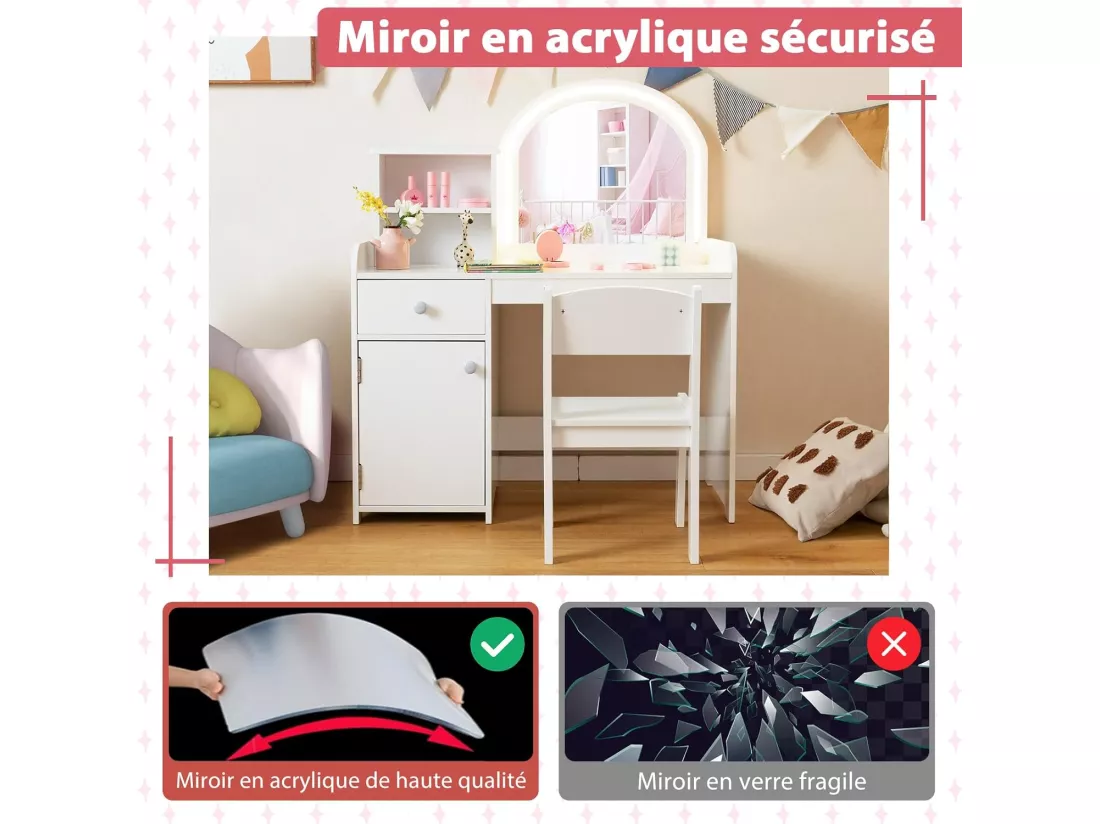 2 en 1 Bureau Enfants avec Chaise & 120 Lumières LED, Coiffeuse Enfants Fille avec Miroir Acrylique, 2 Etagères & Tiroir, Dispositif Anti-basculement, Charge 50kg pour Enfants de 3 Ans+