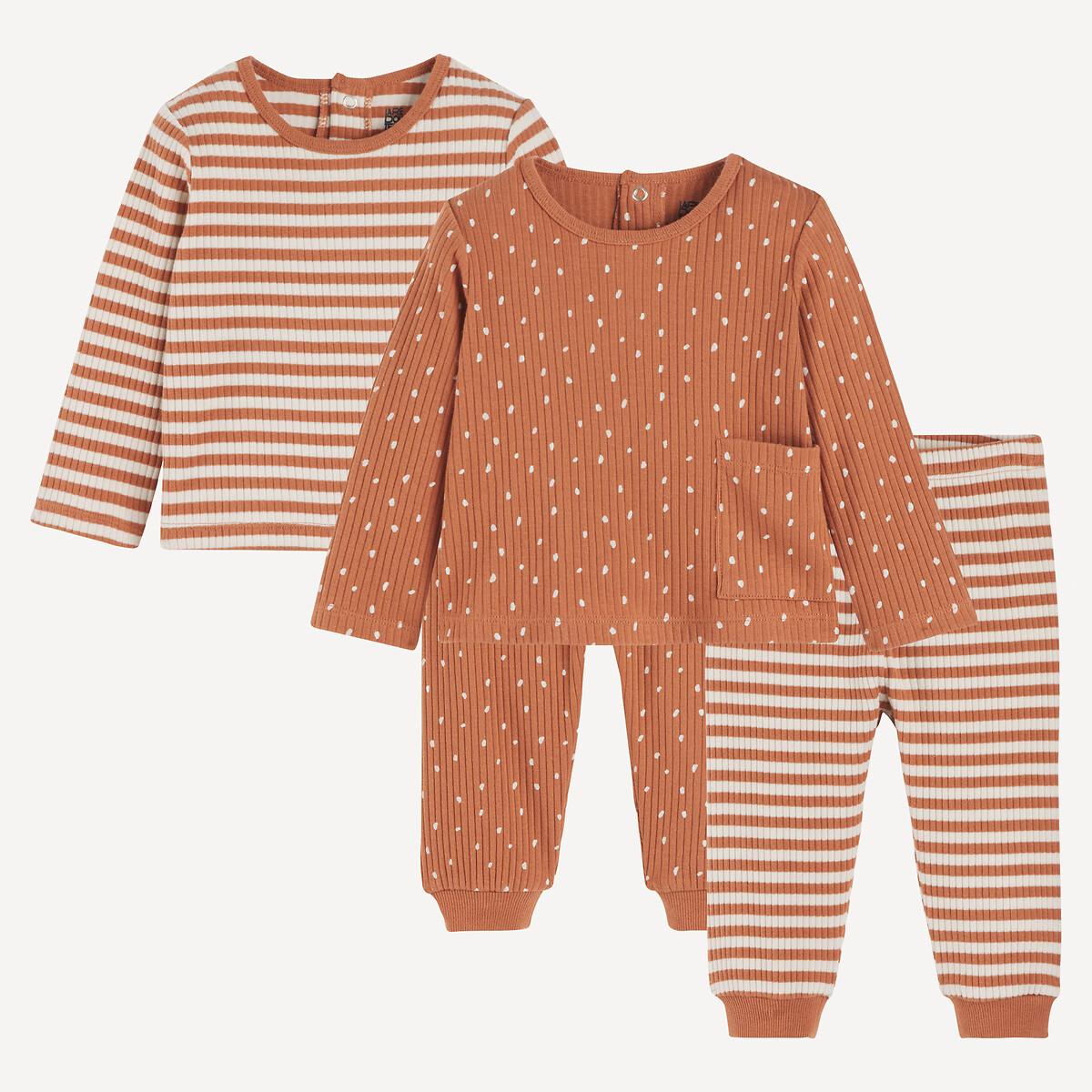 COLEÇÃO LA REDOUTE<br>Conjunto de 2 pijamas de algodão de duas peças, com listras e bolinhas