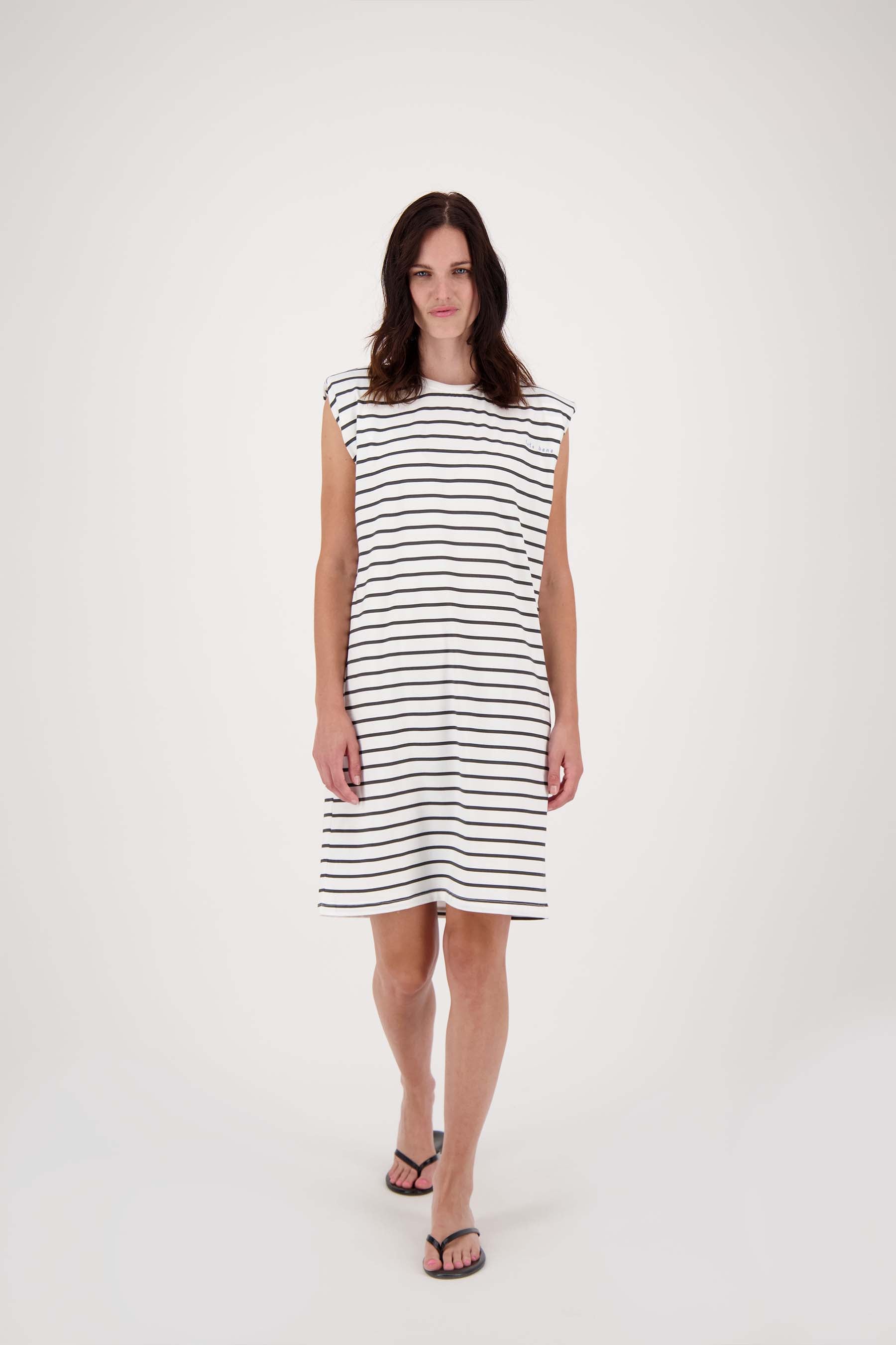 jersey streep jurk met schoudervullingen