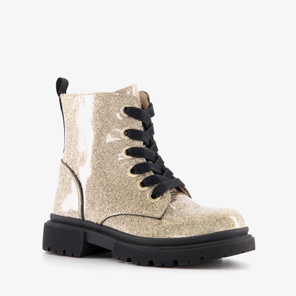 TwoDay leren meisjes veterboots met glitter goud