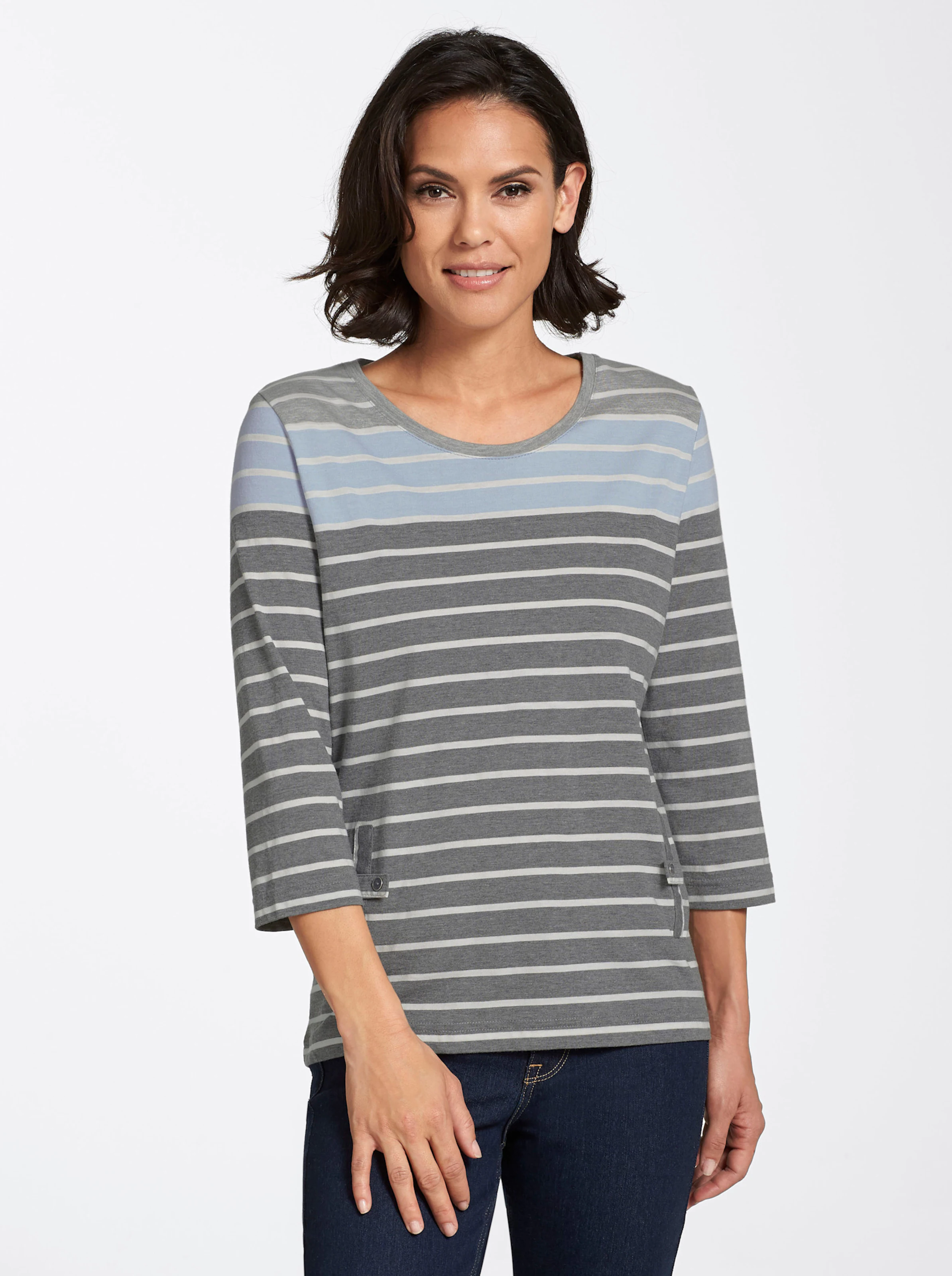 3/4-Arm-Shirt in grau-blau-gestreift
